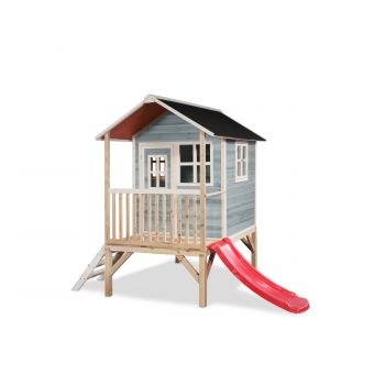 exit houten speelhuis loft 500 blauw met glijbaan