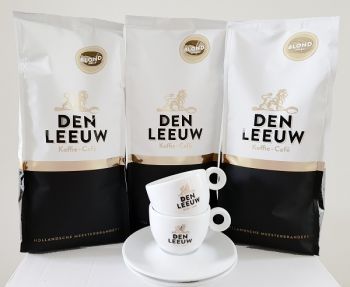 actie den leeuw koffiebonen blond 3 kg met gratis kop en schotel