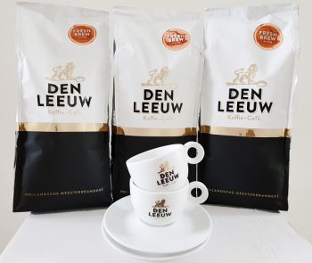 actie den leeuw filterkoffie fresh brew 3 kg met gratis kop en schotel