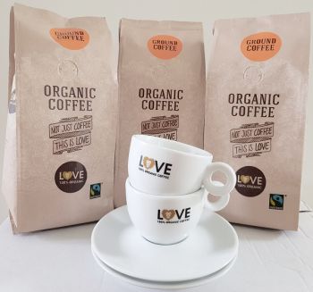 actie love fairtrade filter koffie 1,5 kg met gratis kop en schotel